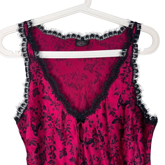 Y2K Silk Slip Dress Magenta Black Lace Butterfly Print Ruffle Hem Vintage - Picture 2 of 8
